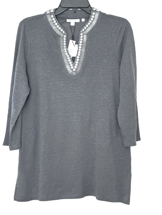 Chico's Tops - Chicos Beaded Neck 100% Linen Tunic Top Gray Purple Sz 0 Small US 4-6